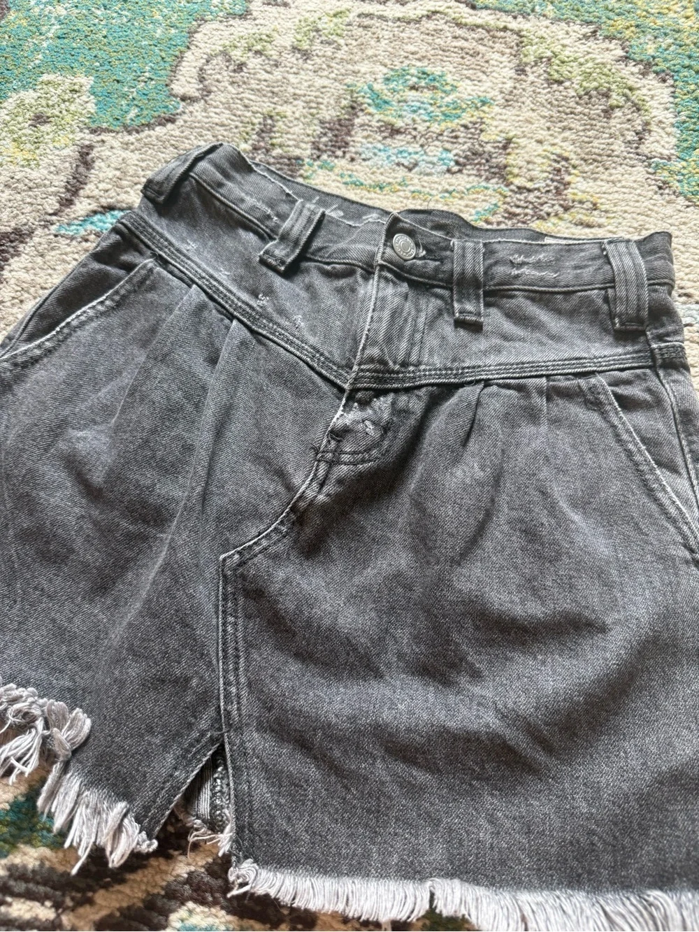 We The Free by Free People Black Denim Mini Skirt High Rise Frayed Hem Y2K Boho